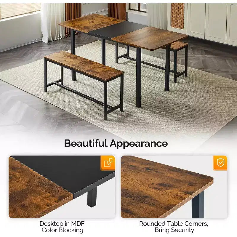 Ensemble de table à manger extensible VINGLI pour 4 à 6 personnes, ensemble de table pliable et extensible avec 2 bancs, table de cuisine pliable pour 6 personnes