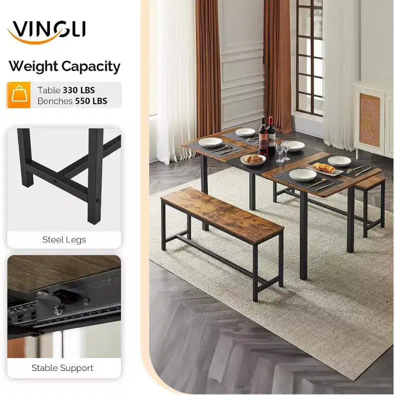 Ensemble de table à manger extensible VINGLI pour 4 à 6 personnes, ensemble de table pliable et extensible avec 2 bancs, table de cuisine pliable pour 6 personnes
