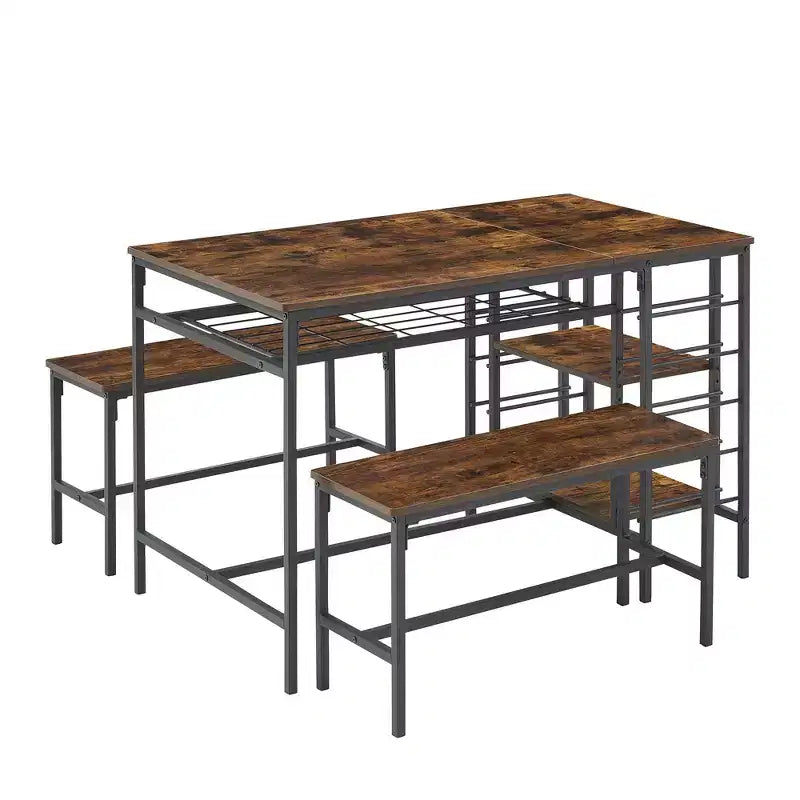 Ensemble table à manger Fulvari pour 4 personnes, table de cuisine de 120 cm avec 2 bancs, ensemble table de petit-déjeuner avec casier à vin et étagère de rangement pour la cuisine