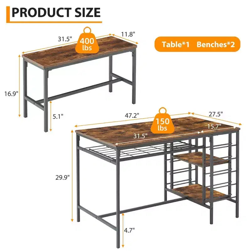 Ensemble table à manger Fulvari pour 4 personnes, table de cuisine de 120 cm avec 2 bancs, ensemble table de petit-déjeuner avec casier à vin et étagère de rangement pour la cuisine