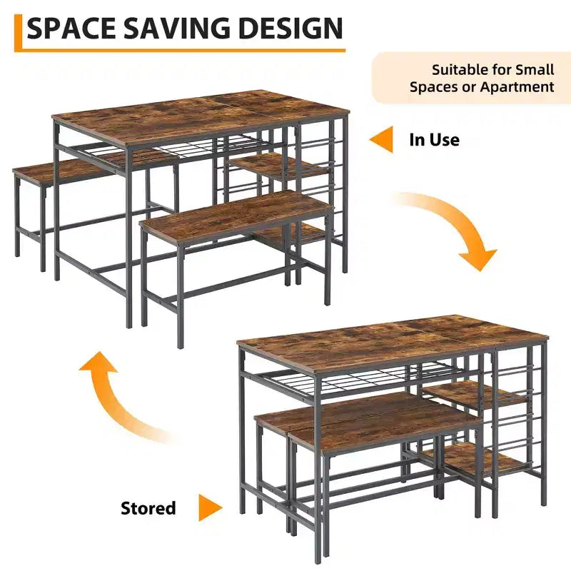 Ensemble table à manger Fulvari pour 4 personnes, table de cuisine de 120 cm avec 2 bancs, ensemble table de petit-déjeuner avec casier à vin et étagère de rangement pour la cuisine