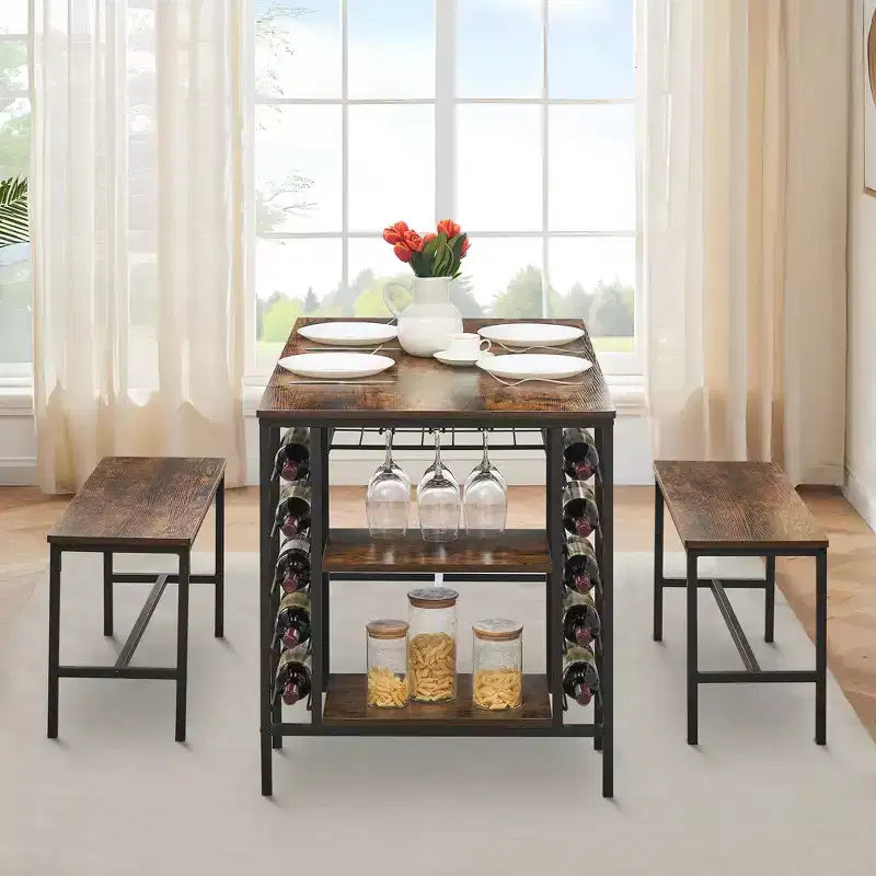 Ensemble table à manger Fulvari pour 4 personnes, table de cuisine de 120 cm avec 2 bancs, ensemble table de petit-déjeuner avec casier à vin et étagère de rangement pour la cuisine
