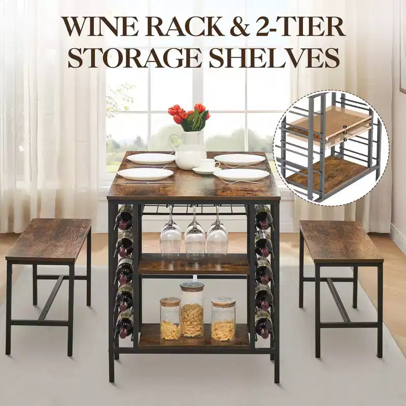 Ensemble table à manger Fulvari pour 4 personnes, table de cuisine de 120 cm avec 2 bancs, ensemble table de petit-déjeuner avec casier à vin et étagère de rangement pour la cuisine