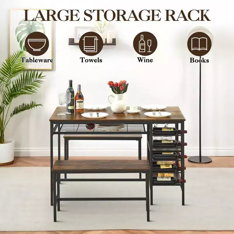 Ensemble table à manger Fulvari pour 4 personnes, table de cuisine de 120 cm avec 2 bancs, ensemble table de petit-déjeuner avec casier à vin et étagère de rangement pour la cuisine