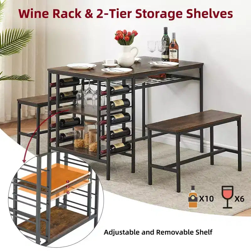 Ensemble table à manger Fulvari pour 4 personnes, table de cuisine de 120 cm avec 2 bancs, ensemble table de petit-déjeuner avec casier à vin et étagère de rangement pour la cuisine