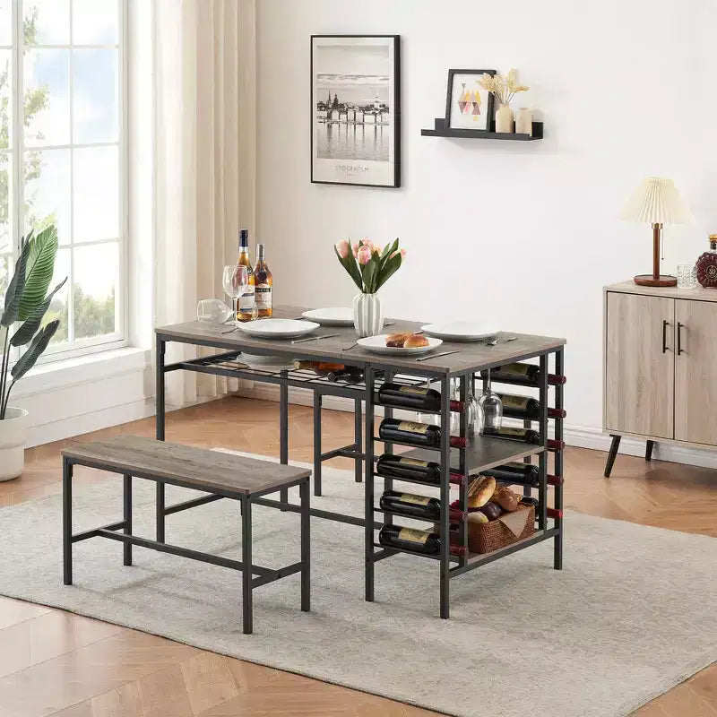Ensemble table à manger Fulvari pour 4 personnes, table de cuisine de 120 cm avec 2 bancs, ensemble table de petit-déjeuner avec casier à vin et étagère de rangement pour la cuisine
