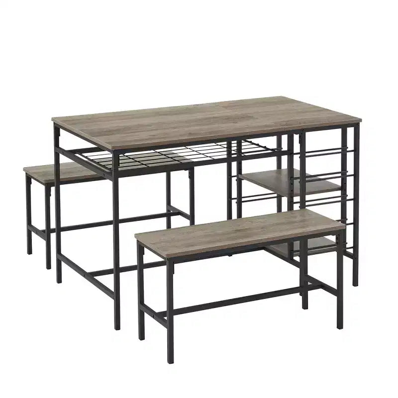 Ensemble table à manger Fulvari pour 4 personnes, table de cuisine de 120 cm avec 2 bancs, ensemble table de petit-déjeuner avec casier à vin et étagère de rangement pour la cuisine