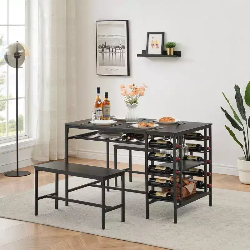 Ensemble table à manger Fulvari pour 4 personnes, table de cuisine de 120 cm avec 2 bancs, ensemble table de petit-déjeuner avec casier à vin et étagère de rangement pour la cuisine