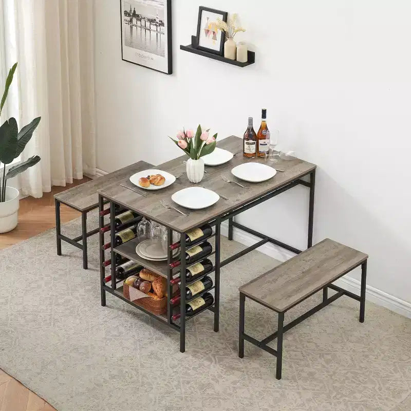 Ensemble table à manger Fulvari pour 4 personnes, table de cuisine de 120 cm avec 2 bancs, ensemble table de petit-déjeuner avec casier à vin et étagère de rangement pour la cuisine