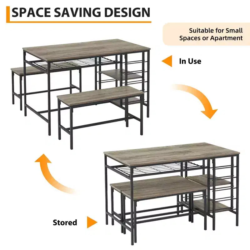 Ensemble table à manger Fulvari pour 4 personnes, table de cuisine de 120 cm avec 2 bancs, ensemble table de petit-déjeuner avec casier à vin et étagère de rangement pour la cuisine