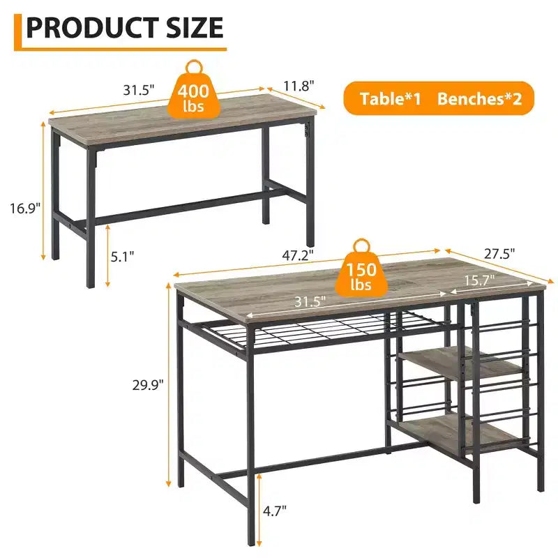 Ensemble table à manger Fulvari pour 4 personnes, table de cuisine de 120 cm avec 2 bancs, ensemble table de petit-déjeuner avec casier à vin et étagère de rangement pour la cuisine