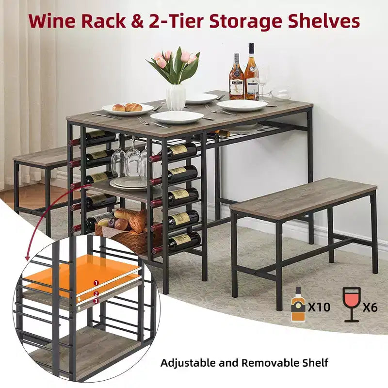 Ensemble table à manger Fulvari pour 4 personnes, table de cuisine de 120 cm avec 2 bancs, ensemble table de petit-déjeuner avec casier à vin et étagère de rangement pour la cuisine