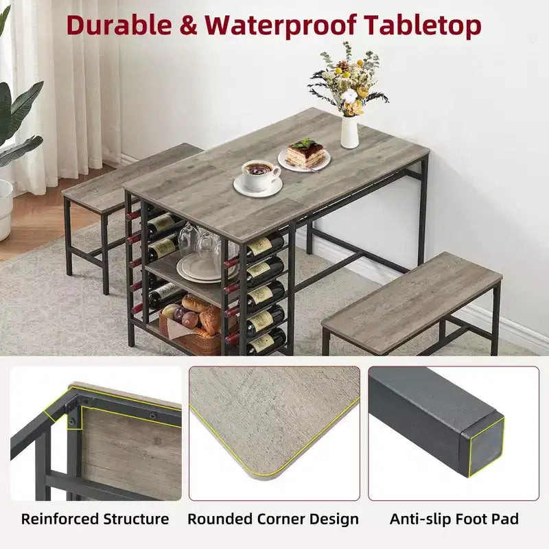 Ensemble table à manger Fulvari pour 4 personnes, table de cuisine de 120 cm avec 2 bancs, ensemble table de petit-déjeuner avec casier à vin et étagère de rangement pour la cuisine