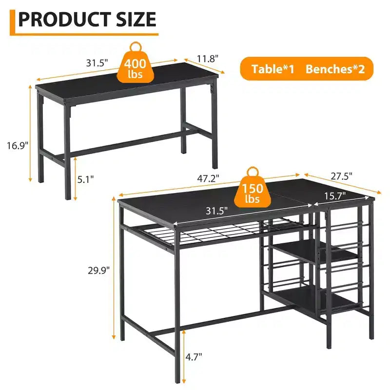 Ensemble table à manger Fulvari pour 4 personnes, table de cuisine de 120 cm avec 2 bancs, ensemble table de petit-déjeuner avec casier à vin et étagère de rangement pour la cuisine