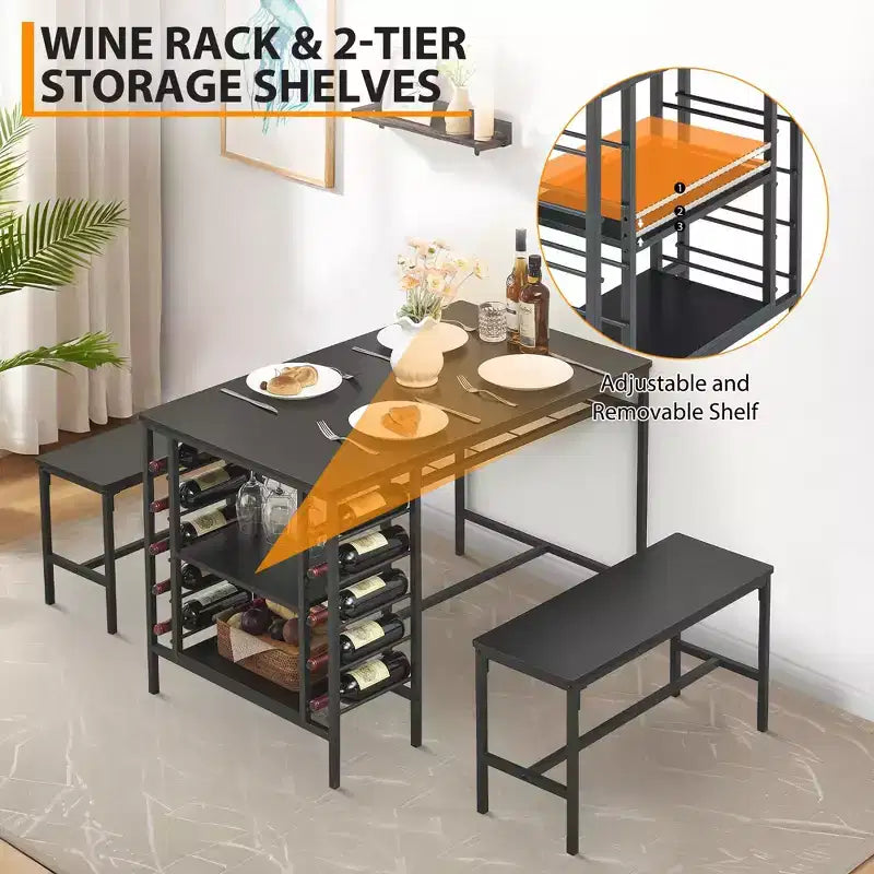 Ensemble table à manger Fulvari pour 4 personnes, table de cuisine de 120 cm avec 2 bancs, ensemble table de petit-déjeuner avec casier à vin et étagère de rangement pour la cuisine