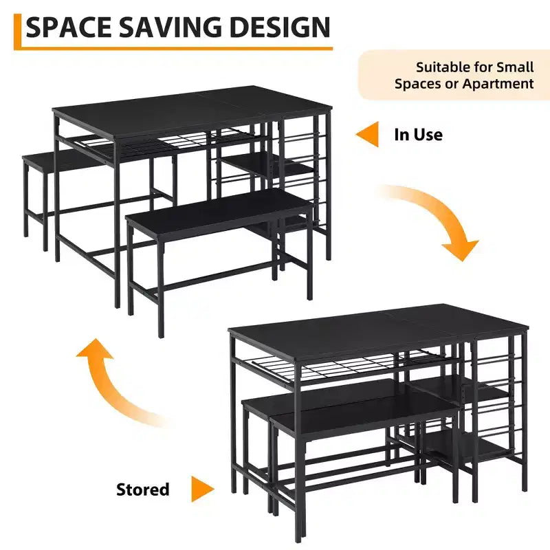 Ensemble table à manger Fulvari pour 4 personnes, table de cuisine de 120 cm avec 2 bancs, ensemble table de petit-déjeuner avec casier à vin et étagère de rangement pour la cuisine