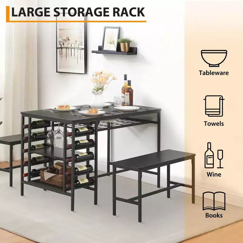 Ensemble table à manger Fulvari pour 4 personnes, table de cuisine de 120 cm avec 2 bancs, ensemble table de petit-déjeuner avec casier à vin et étagère de rangement pour la cuisine
