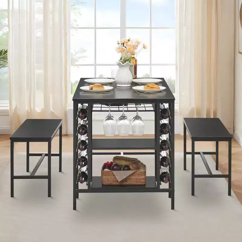 Ensemble table à manger Fulvari pour 4 personnes, table de cuisine de 120 cm avec 2 bancs, ensemble table de petit-déjeuner avec casier à vin et étagère de rangement pour la cuisine