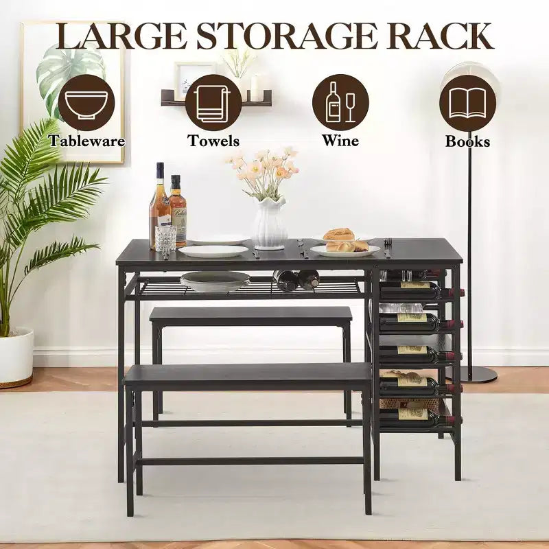 Ensemble table à manger Fulvari pour 4 personnes, table de cuisine de 120 cm avec 2 bancs, ensemble table de petit-déjeuner avec casier à vin et étagère de rangement pour la cuisine