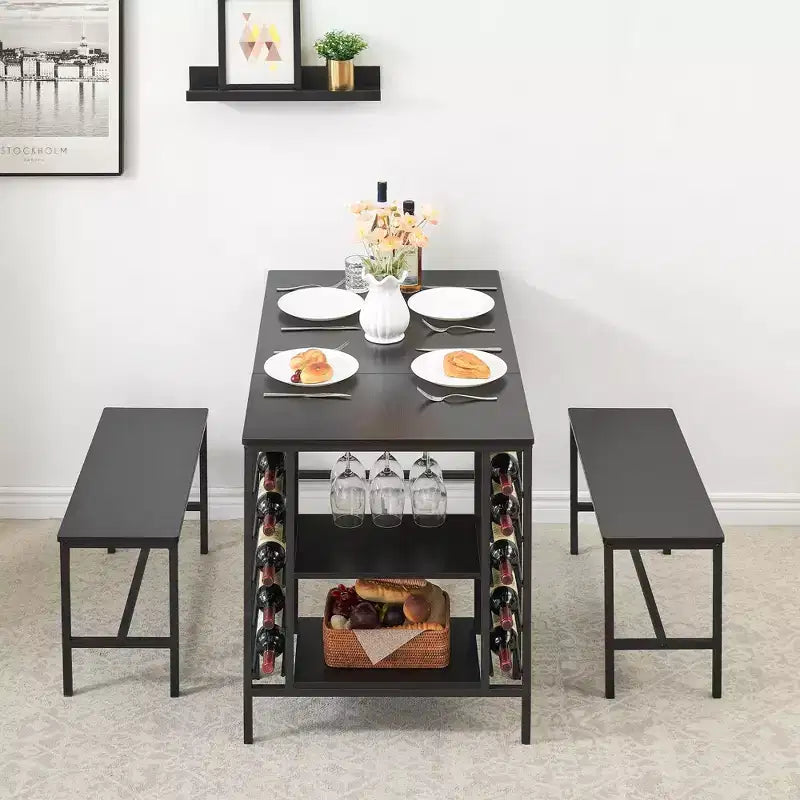Fulvari Dining Table Set for 4, 47L Kitchen Table with 2 Benches, Kitchen Breakfast Table Set with Wine Rack & Storage Shelf for Kitchen