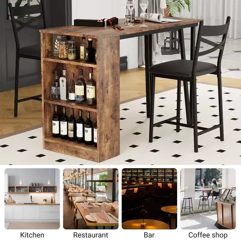 Ensemble de salle à manger 3 pièces CuisinSmart pour 2 personnes, table de bar de cuisine haute avec étagères de rangement à 3 niveaux et 2 tabourets, ensemble de salle à manger de bar extensible