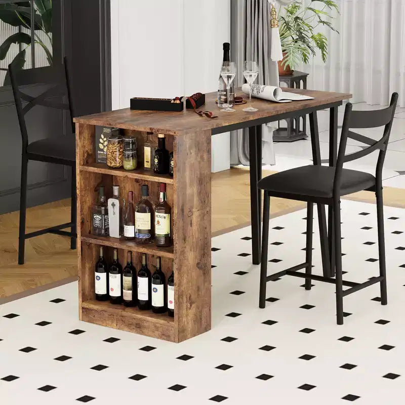 Ensemble de salle à manger 3 pièces CuisinSmart pour 2 personnes, table de bar de cuisine haute avec étagères de rangement à 3 niveaux et 2 tabourets, ensemble de salle à manger de bar extensible