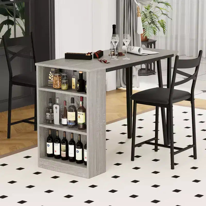Ensemble de salle à manger 3 pièces CuisinSmart pour 2 personnes, table de bar de cuisine haute avec étagères de rangement à 3 niveaux et 2 tabourets, ensemble de salle à manger de bar extensible
