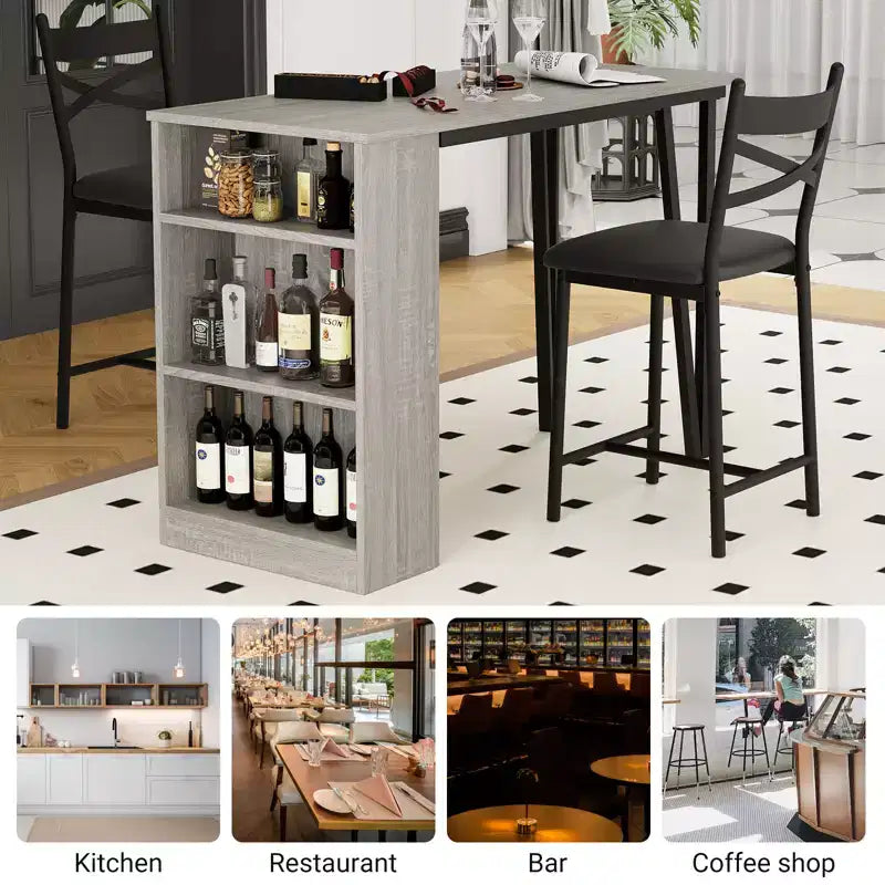 Ensemble de salle à manger 3 pièces CuisinSmart pour 2 personnes, table de bar de cuisine haute avec étagères de rangement à 3 niveaux et 2 tabourets, ensemble de salle à manger de bar extensible