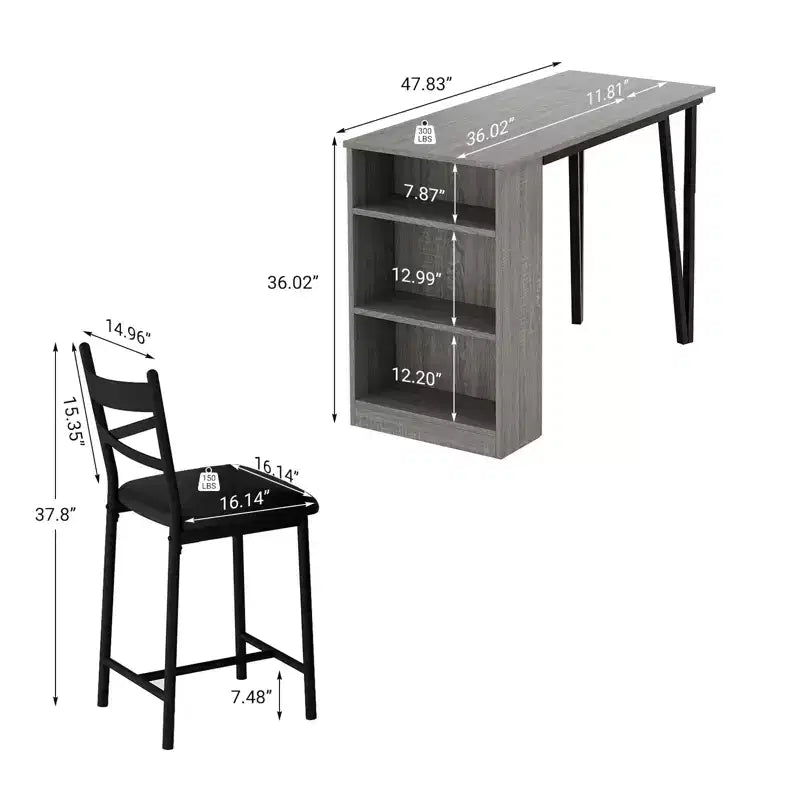 Ensemble de salle à manger 3 pièces CuisinSmart pour 2 personnes, table de bar de cuisine haute avec étagères de rangement à 3 niveaux et 2 tabourets, ensemble de salle à manger de bar extensible