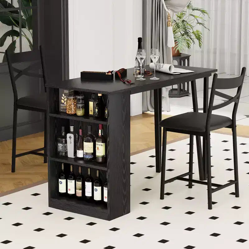 Ensemble de salle à manger 3 pièces CuisinSmart pour 2 personnes, table de bar de cuisine haute avec étagères de rangement à 3 niveaux et 2 tabourets, ensemble de salle à manger de bar extensible