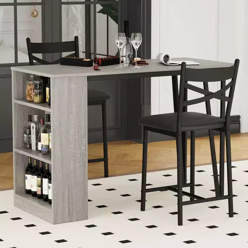 Ensemble de salle à manger 3 pièces CuisinSmart pour 2 personnes, table de bar de cuisine haute avec étagères de rangement à 3 niveaux et 2 tabourets, ensemble de salle à manger de bar extensible
