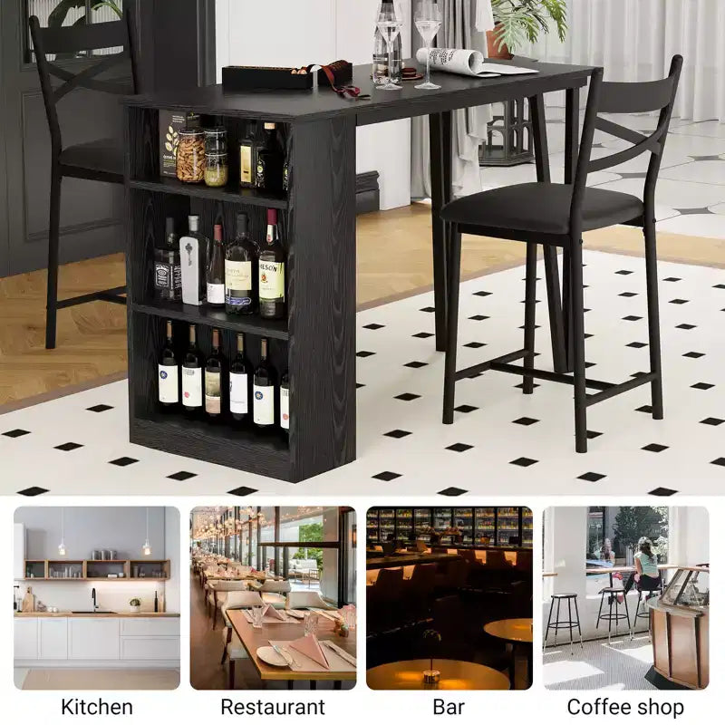 Ensemble de salle à manger 3 pièces CuisinSmart pour 2 personnes, table de bar de cuisine haute avec étagères de rangement à 3 niveaux et 2 tabourets, ensemble de salle à manger de bar extensible