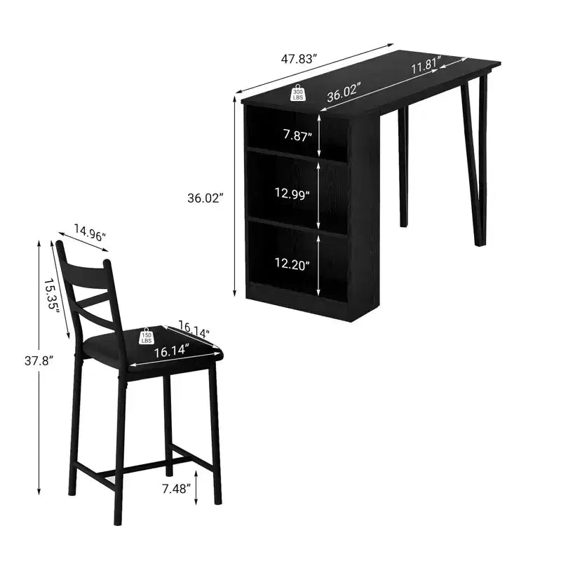 Ensemble de salle à manger 3 pièces CuisinSmart pour 2 personnes, table de bar de cuisine haute avec étagères de rangement à 3 niveaux et 2 tabourets, ensemble de salle à manger de bar extensible