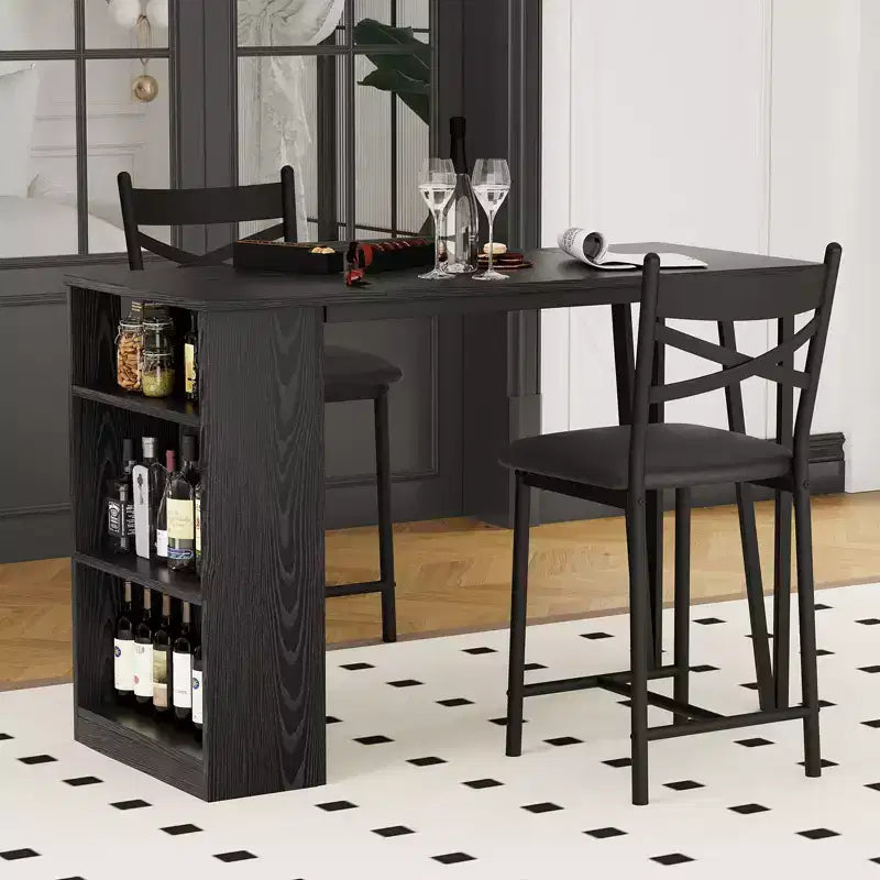 Ensemble de salle à manger 3 pièces CuisinSmart pour 2 personnes, table de bar de cuisine haute avec étagères de rangement à 3 niveaux et 2 tabourets, ensemble de salle à manger de bar extensible