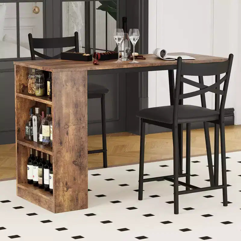 Ensemble de salle à manger 3 pièces CuisinSmart pour 2 personnes, table de bar de cuisine haute avec étagères de rangement à 3 niveaux et 2 tabourets, ensemble de salle à manger de bar extensible