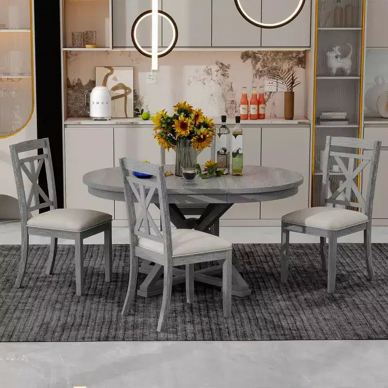 ModernLuxe Ensemble de salle à manger extensible 5 pièces pour 4 personnes, style rustique avec 4 chaises de salle à manger rembourrées, vintage rétro, marron + blanc antique/gris