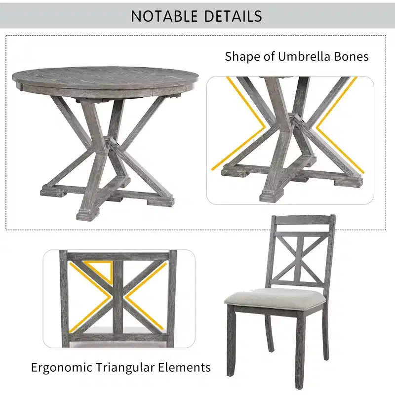 ModernLuxe Ensemble de salle à manger extensible 5 pièces pour 4 personnes, style rustique avec 4 chaises de salle à manger rembourrées, vintage rétro, marron + blanc antique/gris