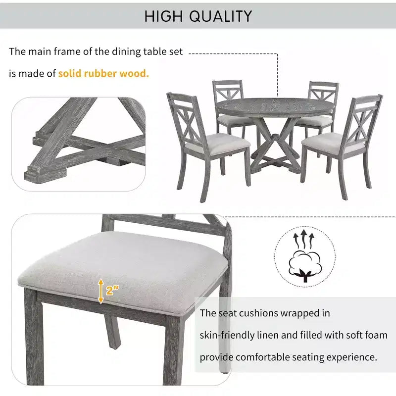 ModernLuxe Ensemble de salle à manger extensible 5 pièces pour 4 personnes, style rustique avec 4 chaises de salle à manger rembourrées, vintage rétro, marron + blanc antique/gris