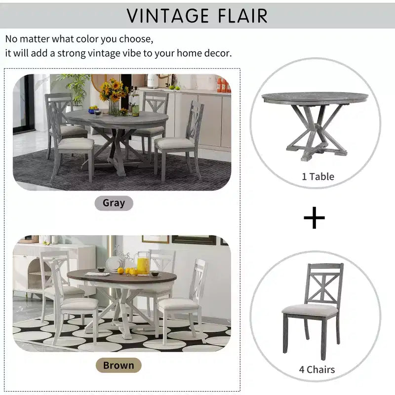 ModernLuxe Ensemble de salle à manger extensible 5 pièces pour 4 personnes, style rustique avec 4 chaises de salle à manger rembourrées, vintage rétro, marron + blanc antique/gris