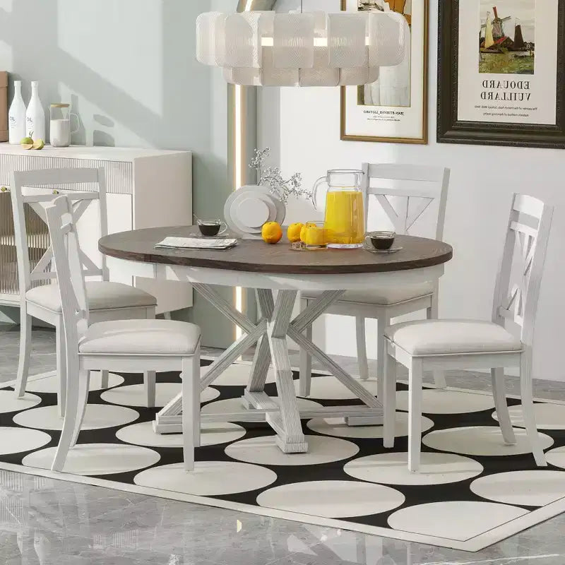 ModernLuxe Ensemble de salle à manger extensible 5 pièces pour 4 personnes, style rustique avec 4 chaises de salle à manger rembourrées, vintage rétro, marron + blanc antique/gris