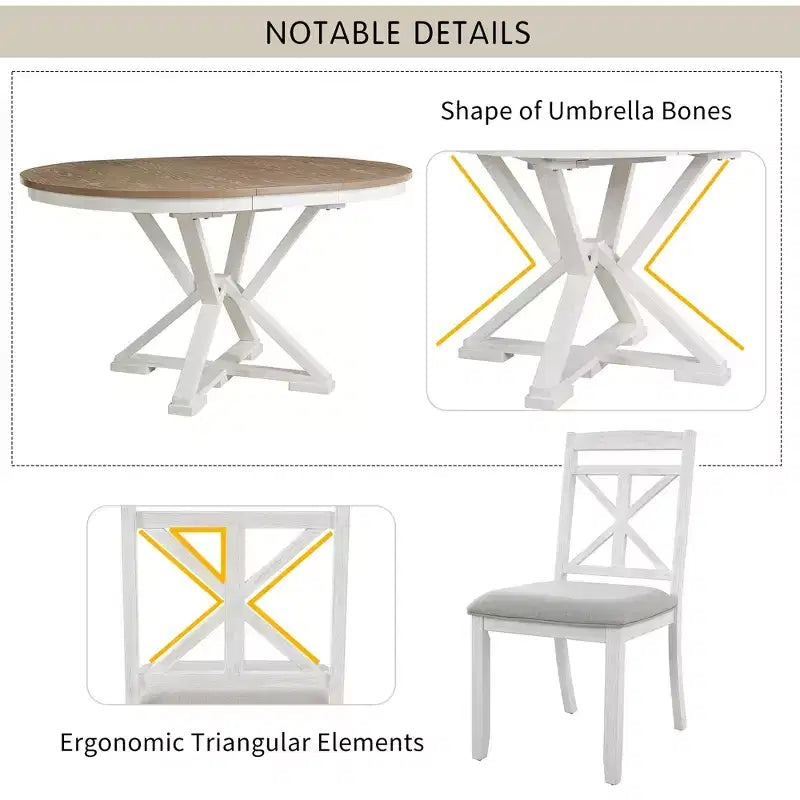ModernLuxe Ensemble de salle à manger extensible 5 pièces pour 4 personnes, style rustique avec 4 chaises de salle à manger rembourrées, vintage rétro, marron + blanc antique/gris