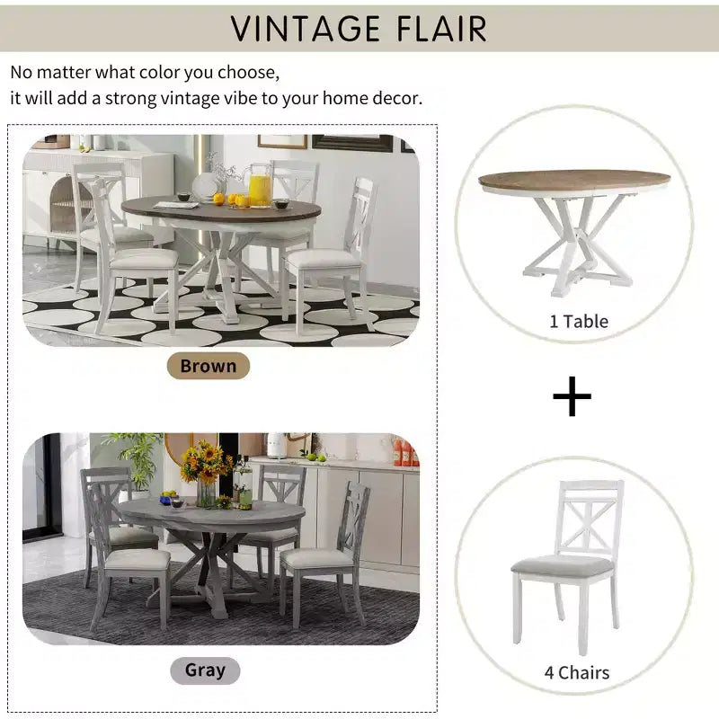 ModernLuxe Ensemble de salle à manger extensible 5 pièces pour 4 personnes, style rustique avec 4 chaises de salle à manger rembourrées, vintage rétro, marron + blanc antique/gris