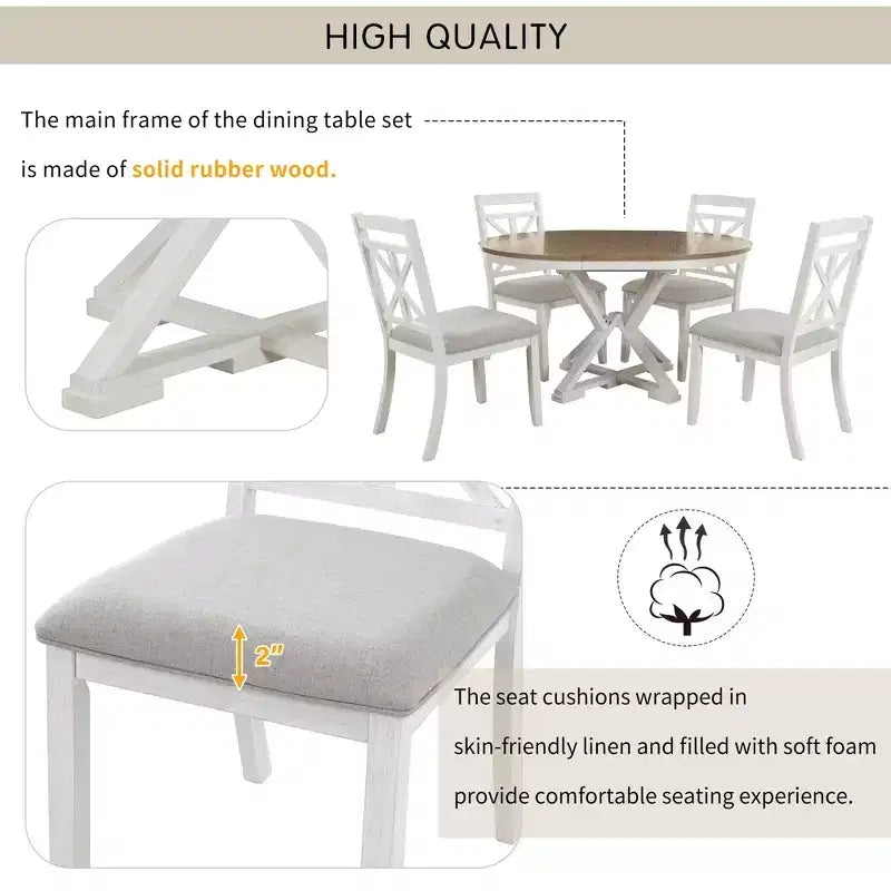 ModernLuxe Ensemble de salle à manger extensible 5 pièces pour 4 personnes, style rustique avec 4 chaises de salle à manger rembourrées, vintage rétro, marron + blanc antique/gris