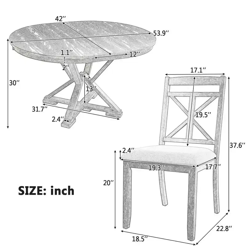 ModernLuxe Ensemble de salle à manger extensible 5 pièces pour 4 personnes, style rustique avec 4 chaises de salle à manger rembourrées, vintage rétro, marron + blanc antique/gris