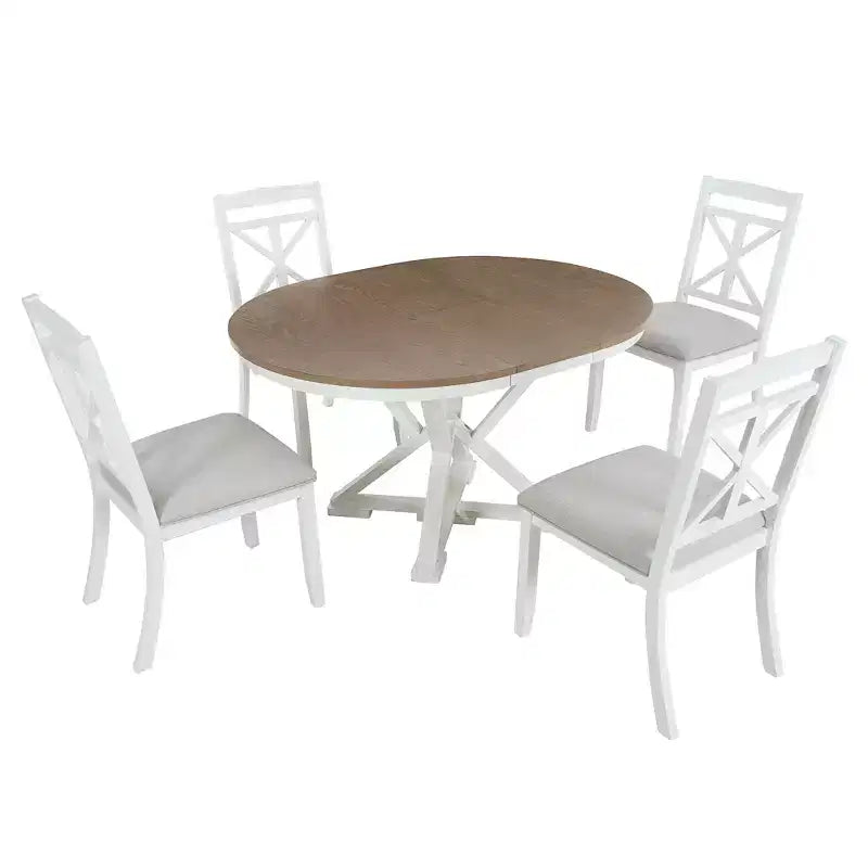 ModernLuxe Ensemble de salle à manger extensible 5 pièces pour 4 personnes, style rustique avec 4 chaises de salle à manger rembourrées, vintage rétro, marron + blanc antique/gris