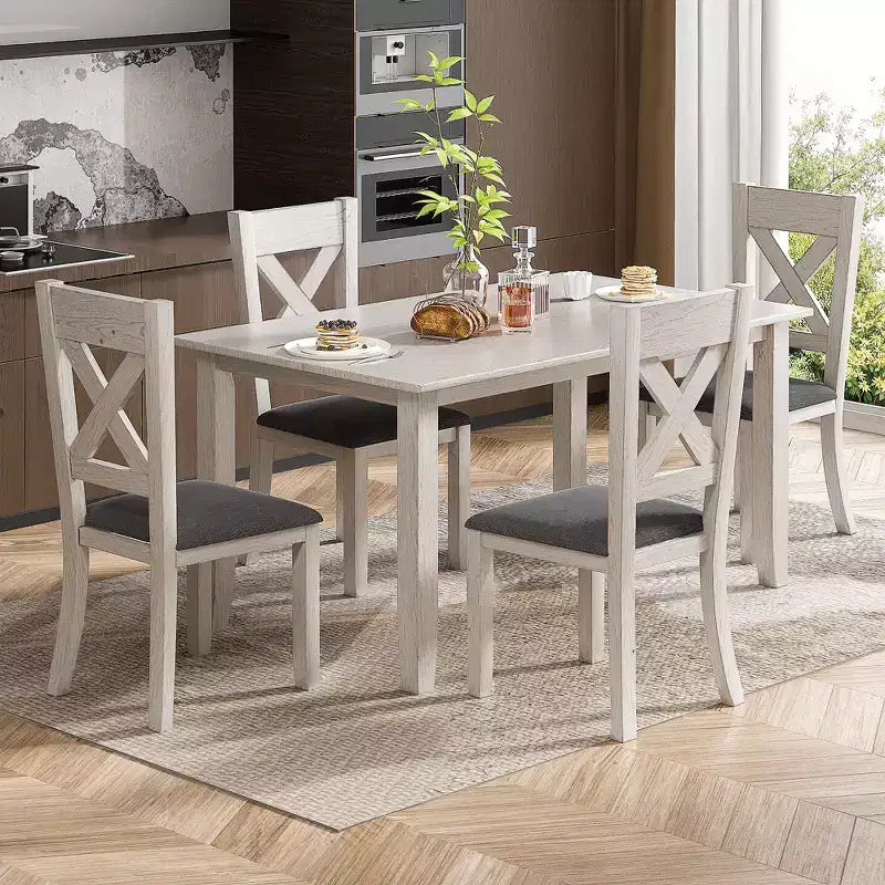 Ensemble de salle à manger style ferme VECELO, table en bois d'hévéa avec 4/6 chaises de salle à manger rembourrées, gris
