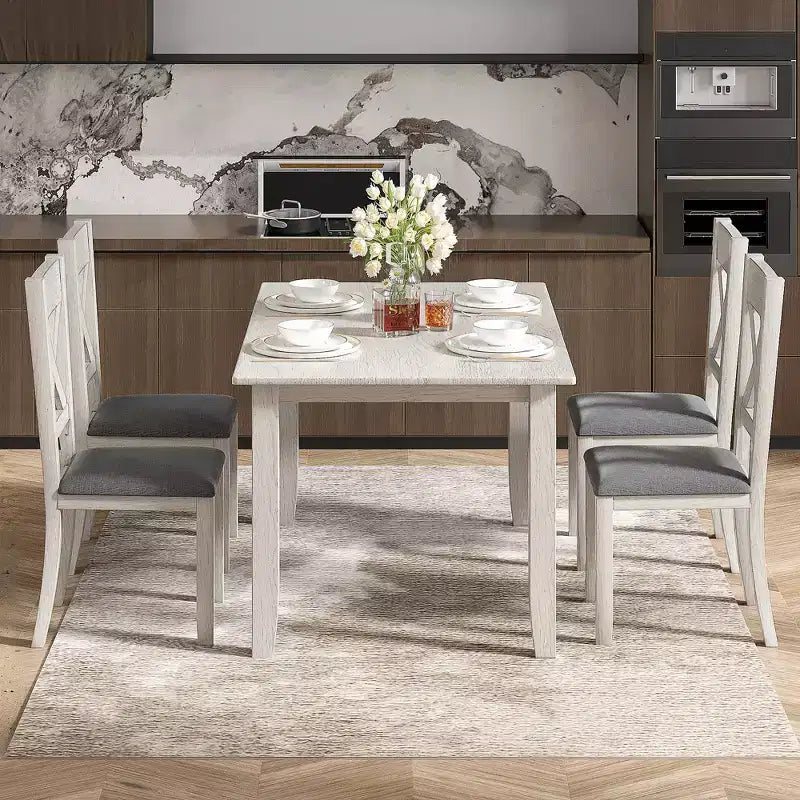 Ensemble de salle à manger style ferme VECELO, table en bois d'hévéa avec 4/6 chaises de salle à manger rembourrées, gris