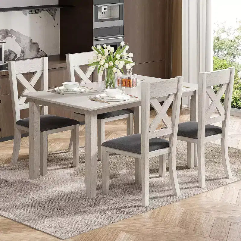 Ensemble de salle à manger style ferme VECELO, table en bois d'hévéa avec 4/6 chaises de salle à manger rembourrées, gris