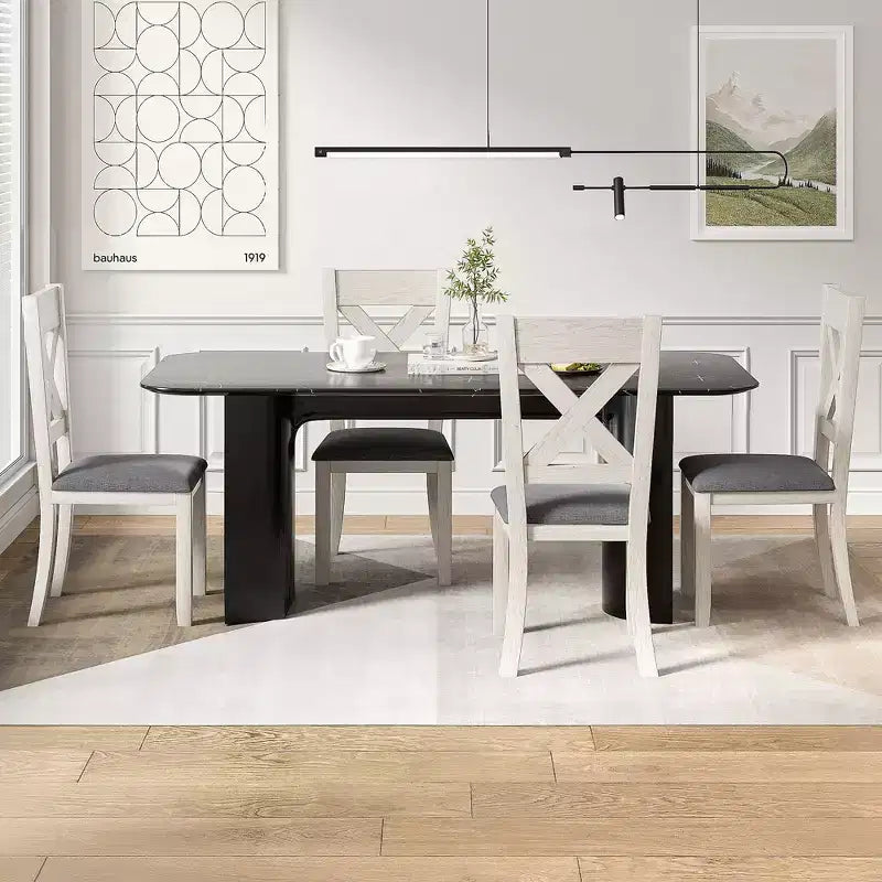Ensemble de salle à manger style ferme VECELO, table en bois d'hévéa avec 4/6 chaises de salle à manger rembourrées, gris