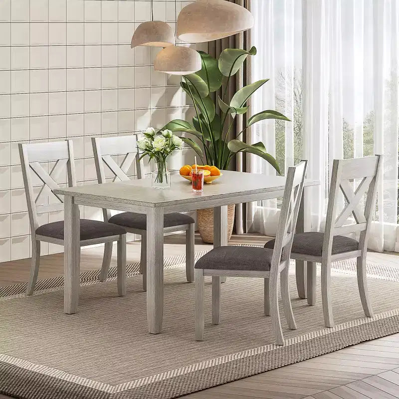 Ensemble de salle à manger style ferme VECELO, table en bois d'hévéa avec 4/6 chaises de salle à manger rembourrées, gris